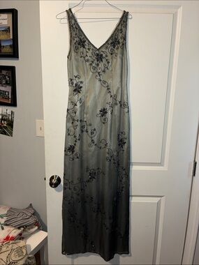 Scala Silver Evening Maxi Dress with Black Beaded Floral Embroidery
